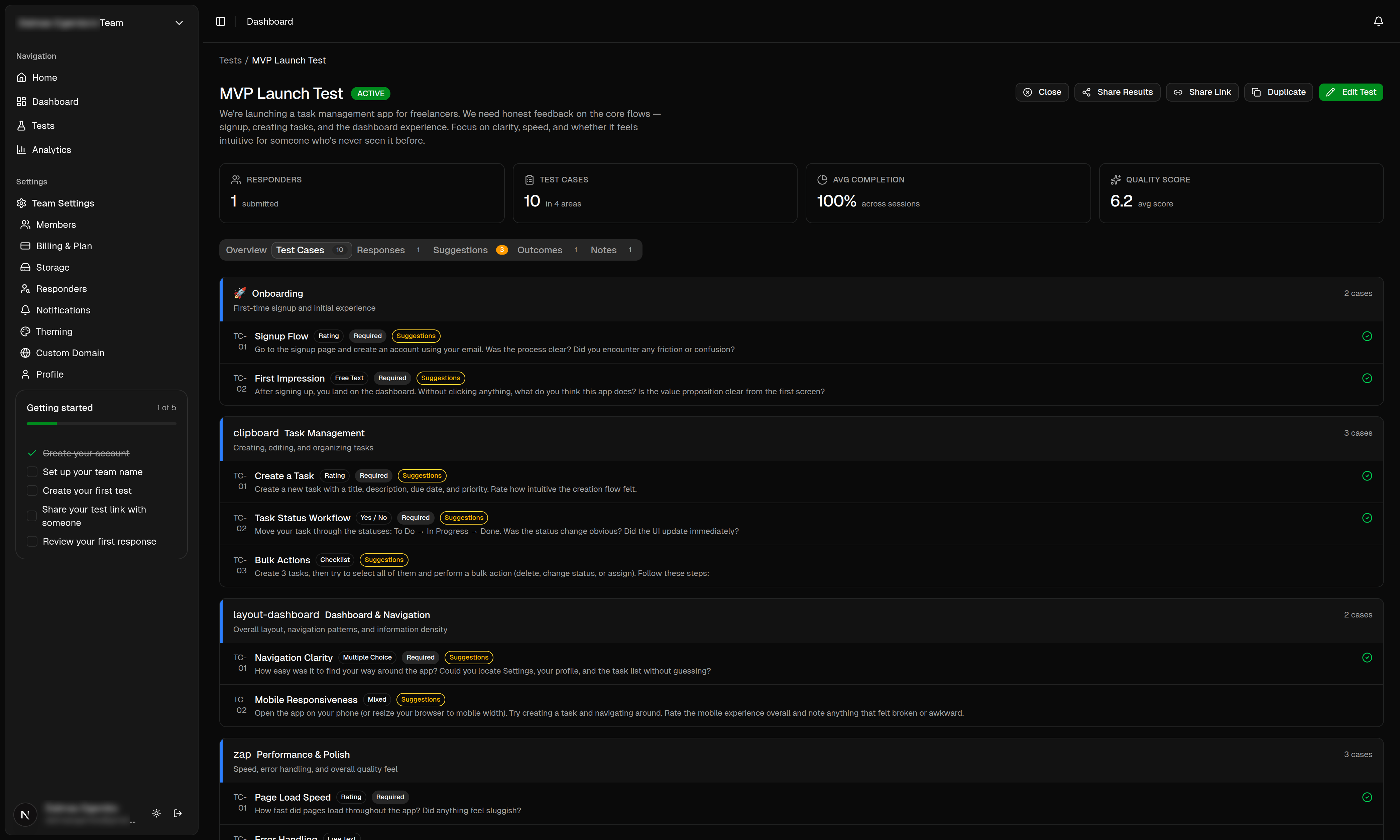 Feedloop product testing dashboard in dark mode