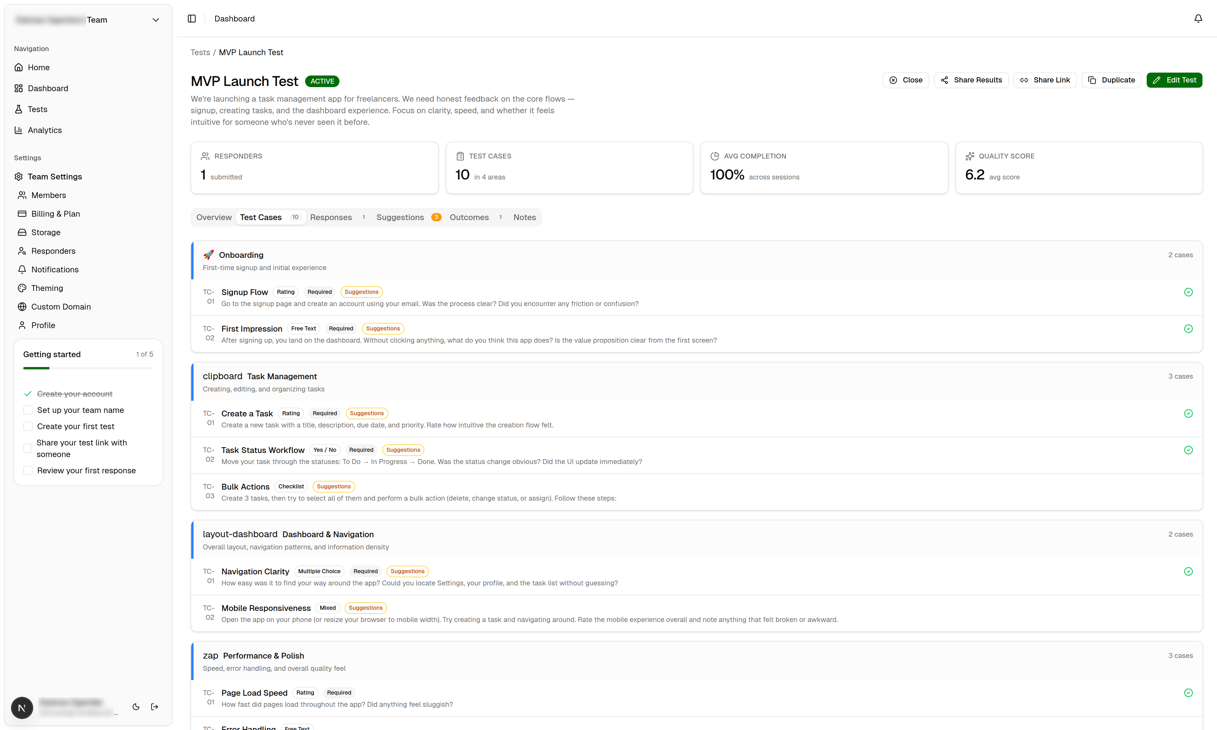Feedloop product testing dashboard showing structured test cases, response analytics, and tester feedback